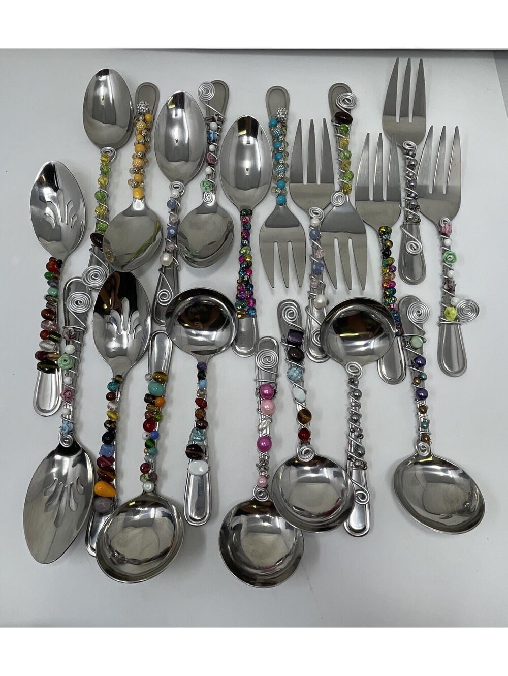 Lot of 20 Handmade Beaded Serving Utensils Wire Wrapped Spoons Fork Artisan Boho